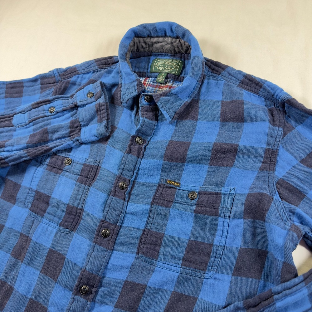 Polo Ralph Lauren Mens XL Blue Black Plaid Flannel Classic Fit Button Down Shirt
